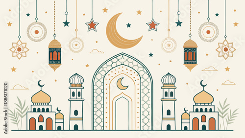 Islamic architecture with mosque and crescent moon decorations