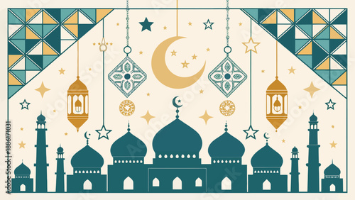 Elegant mosque architecture under starry night sky with lanterns