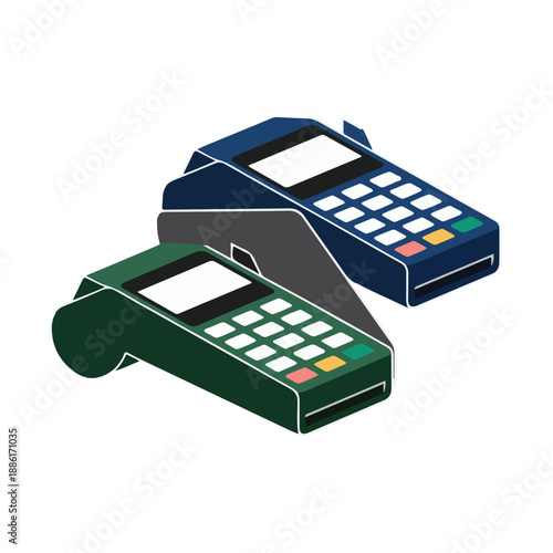 Two payment terminals one green one blue on white background machine device