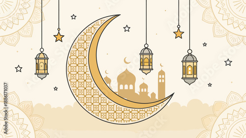 Elegant Ramadan crescent moon with hanging lanterns and mosque