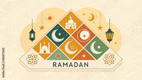 Vibrant Ramadan celebration with mosque icons and lanterns