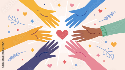 Diverse hands coming together in unity and love with heart