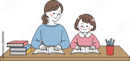 Mother and daughter studying together at desk with books and pencils, cute flat illustration showing home education, learning support, family bonding, and child development concept