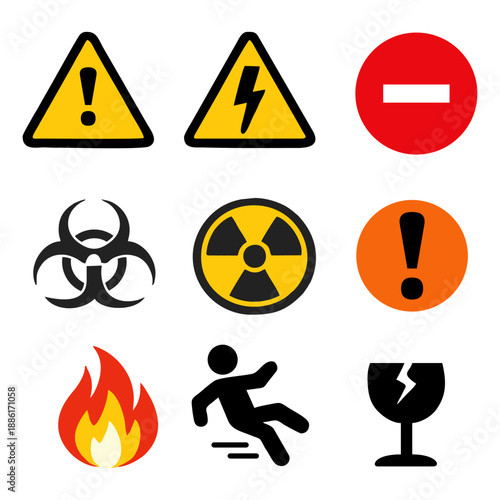 Warning Signs: Various symbols conveying diverse dangers, from electrical hazards to biohazards, cautioning vigilance and promoting awareness for workplace or public safety.