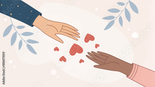 Diverse hands reaching for hearts in symbol of love and connection
