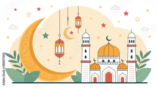 Vibrant mosque illustration with crescent moon and lanterns for Ramadan