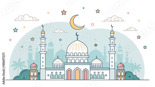 Beautiful mosque under starry night sky with crescent moon