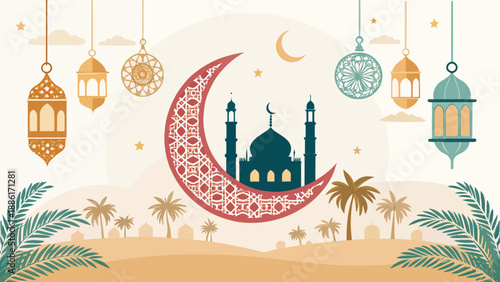 Vibrant Islamic crescent moon symbol with mosque and lanterns in desert landscape