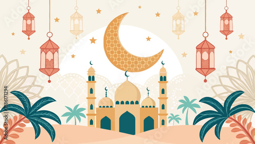 Serene mosque scene with crescent moon and lanterns at night