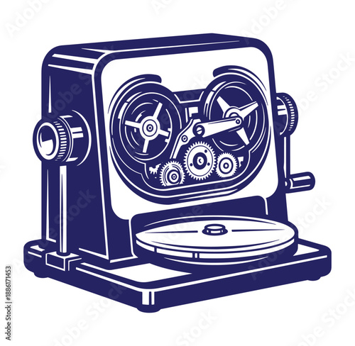 vintage film projector with gears and reels on white background