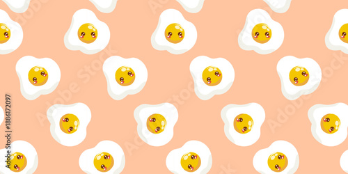 A seamless, cute cartoon vector pattern featuring adorable fried eggs in a fun nature design. Perfect for children's wallpaper, fabric patterns, cute backgrounds, and tablecloths.