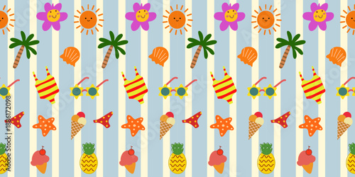 Seamless, colorful vector designs perfect for summer, beach festivals, and bright, cheerful fabric patterns—cute and suitable for children.