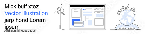 Renewable energy, online platforms, education, sustainability, technology, global connections. Wind turbine, screen layout and globe on a book. Renewable energy and online platforms concept