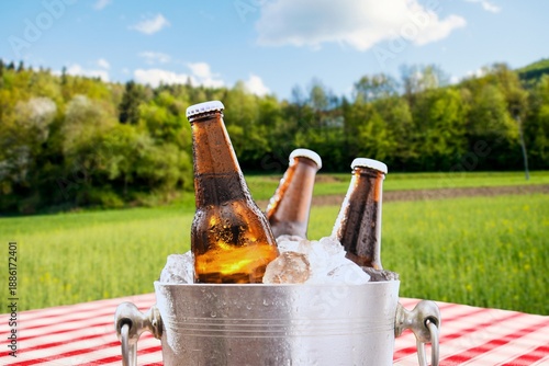 Beer bottles chilling in ice bucket on picnic table in sunny outdoor setting.