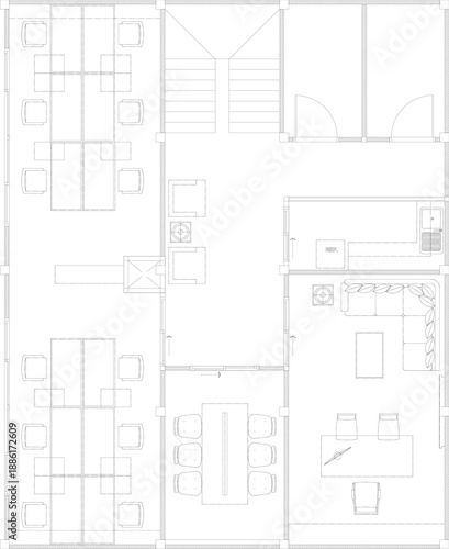 Office Furniture Layout Plan with Waiting Area, Staircase Hall, Manager Room Lounge, Employee Seating and 12-Seat Meeting Room