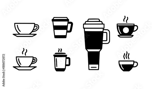 Coffee cup icon set with hot drinks, tea cups, and disposable cups vector