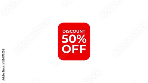 Red discount tag animation showing 50 percent off, ideal for half price sales, mid season clearances, and promotional retail campaigns.
