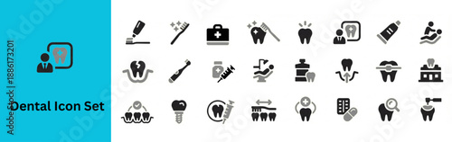 Silhouette vector of Dental Icons Set. Dental care glyph icons set illustrating dentist tools hygiene products and orthodontics for medical healthcare graphic design. 