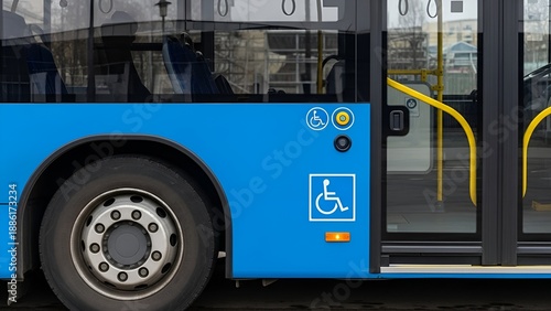 Accessible Public Transportation Blue Bus Wheelchair Accessibility Symbol Exterior View