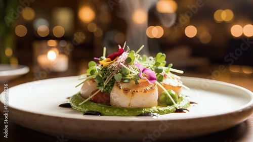 Gourmet dish presentation seared scallops with microgreens and artistic plating