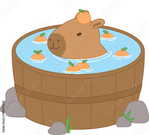 funny capybara cartoon relaxing at outdoor hot spring, cute capybara bathing at Japanese onsen with orange illustration