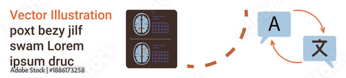 Artificial intelligence, neuroscience, language translation, technology, cognitive science, communication. Brain scans and language symbols connected by an arrow. Artificial intelligence