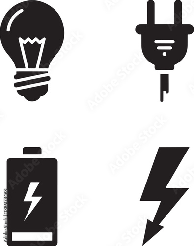 Silhouette icons of light bulb plug battery and lightning bolt