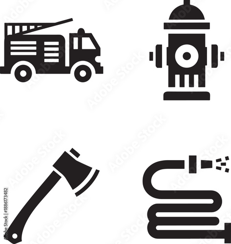 Firefighting tools and equipment silhouette icons