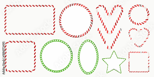 Festive candy cane and green twine shapes arranged in various geometric forms
