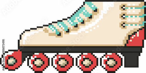 A pixelated illustration of a vintage quad roller skate with red wheels