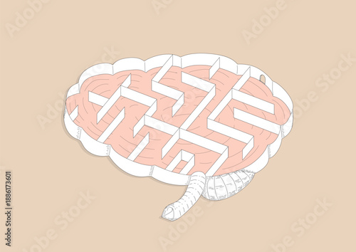 Hand drawn vector illustration of a cross section cut out human brain with a maze. Entrance thru spinal cord and an exit archway.
