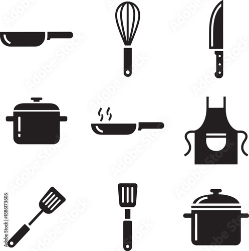 Silhouette of kitchen utensils and cookware icon set
