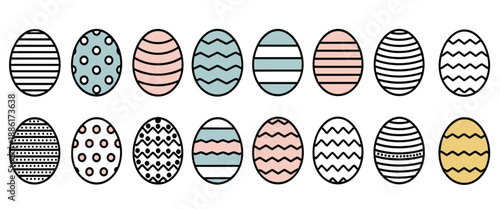 Stylish vector collection of sixteen minimalist Easter eggs featuring pastel colors and modern geometric line art patterns for spring holiday design.