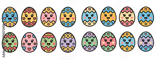 Sixteen adorable Kawaii Easter eggs vector set, featuring cute pastel decorated characters smiling happily, ideal for spring holiday design.