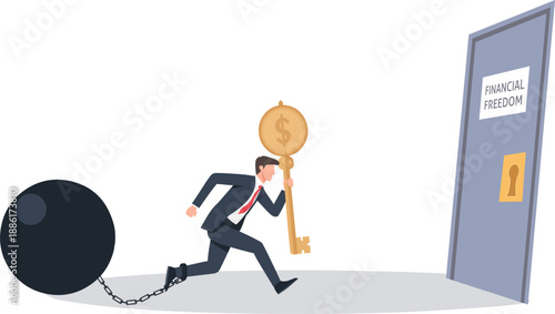 Businessman running to financial freedom door with gold key. Concept of debt relief and investment.