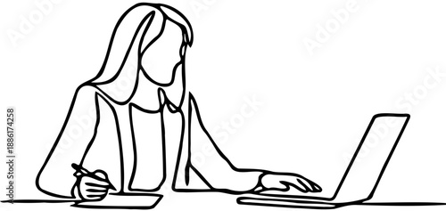 Businesswoman working in front of laptop and checking finances. Draw one continuous line