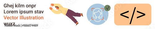Identity verification, software development, cybersecurity, facial recognition, coding technology, human interaction. A person in motion, face recognition icon and coding symbol. Identity
