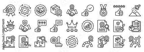 Quality icon collection. Containing design business, certificate, guarantee, management	