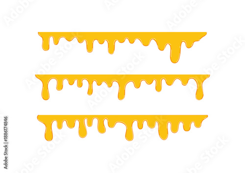 dripping golden honey borders set. Yellow liquid sweet syrup flows and drops vector illustration isolated on white background