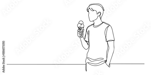 Continuous one line of a person holding an ice cream cone, representing joy, leisure, and sweetness, drawn vector illustration.