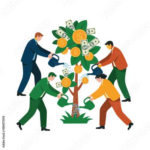 Four business people watering money tree with coins and banknotes vector