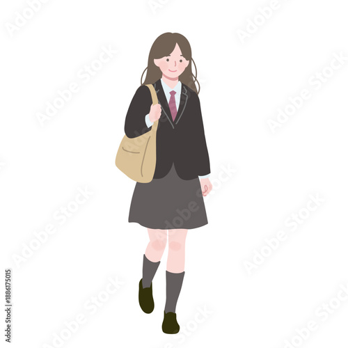 バッグを持った女子高校生  制服  全身 フラットイラスト