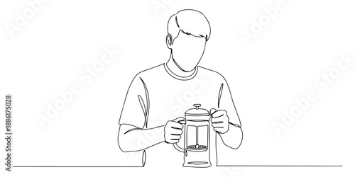 Continuous one line of a person making coffee with a French press, representing lifestyle, aroma, and ritual, drawn vector illustration.