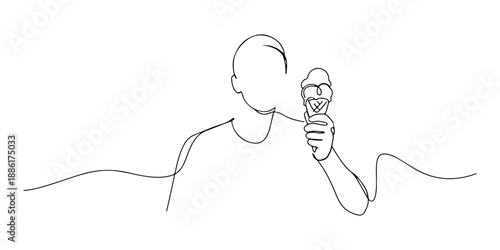 Continuous one line of a person holding an ice cream cone, representing joy, leisure, and sweetness, drawn vector illustration.