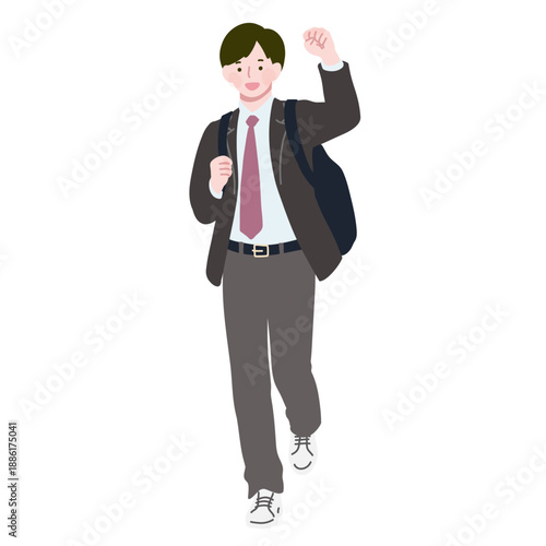 リュックを背負った男子高校生 制服  全身 フラットイラスト