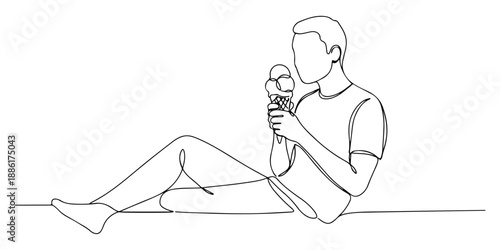 Continuous one line of a person holding an ice cream cone, representing joy, leisure, and sweetness, drawn vector illustration.