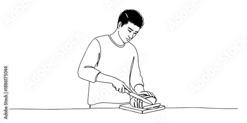 Continuous one line of a person slicing bread with a knife, symbolizing simplicity, tradition, and nourishment, drawn vector illustration.