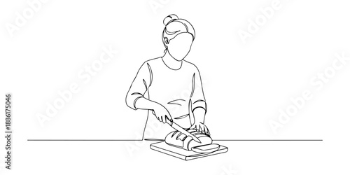 Continuous one line of a person slicing bread with a knife, symbolizing simplicity, tradition, and nourishment, drawn vector illustration.