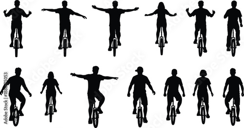 Large set of unicycle rider silhouettes, people riding unicycles with arms outstretched for balance, circus performer activities, flat vector illustration
