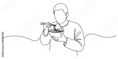 Continuous one line of a person holding a steaming bowl of ramen, symbolizing comfort, flavor, and culture, drawn vector illustration.